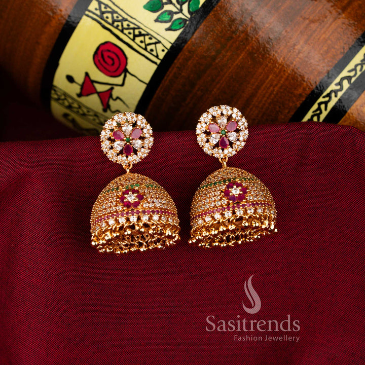 Multi Vibrant Guaranteed American Diamond 24K Micro Gold Plated Big Round Floral Jhumka Earrings, colourful festive jewellery for parties and celebrations – Sasitrends