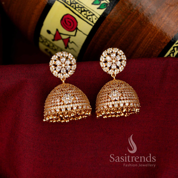White Elegant Guaranteed American Diamond 24K Micro Gold Plated Big Round Floral Jhumka Earrings, perfect celebration jewellery for parties and weddings – Sasitrends