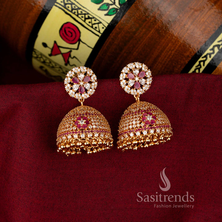 White Ruby Elegant Guaranteed American Diamond 24K Micro Gold Plated Big Round Floral Jhumka Earrings, eye-catching designer jewellery for parties and weddings – Sasitrends