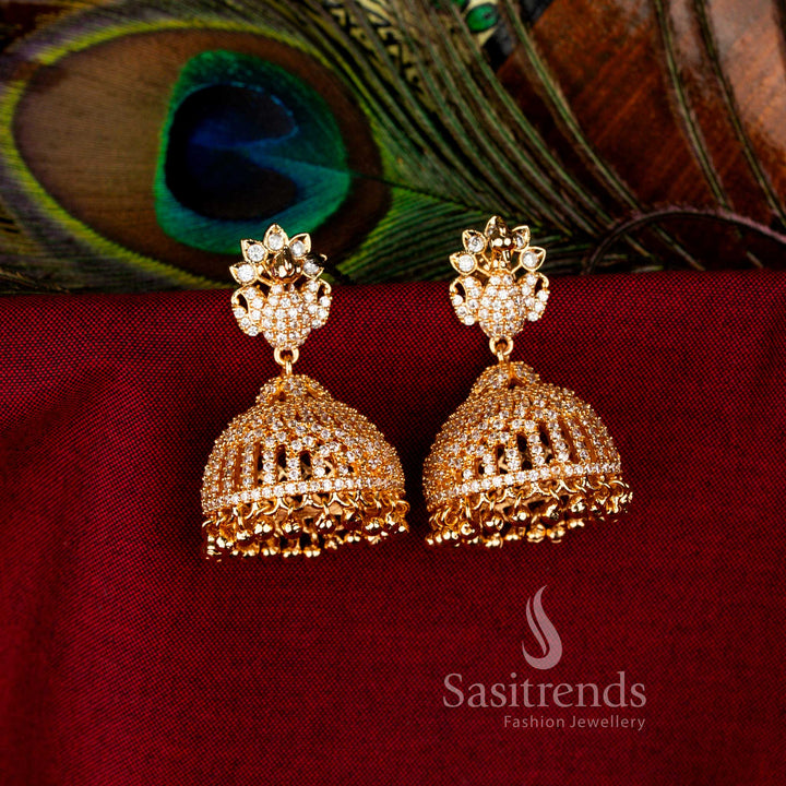 White Classic Guaranteed American Diamond 24K Micro Gold Plated Floral Big Jhumka Earrings, perfect occasion jewellery for parties and cultural gatherings – Sasitrends