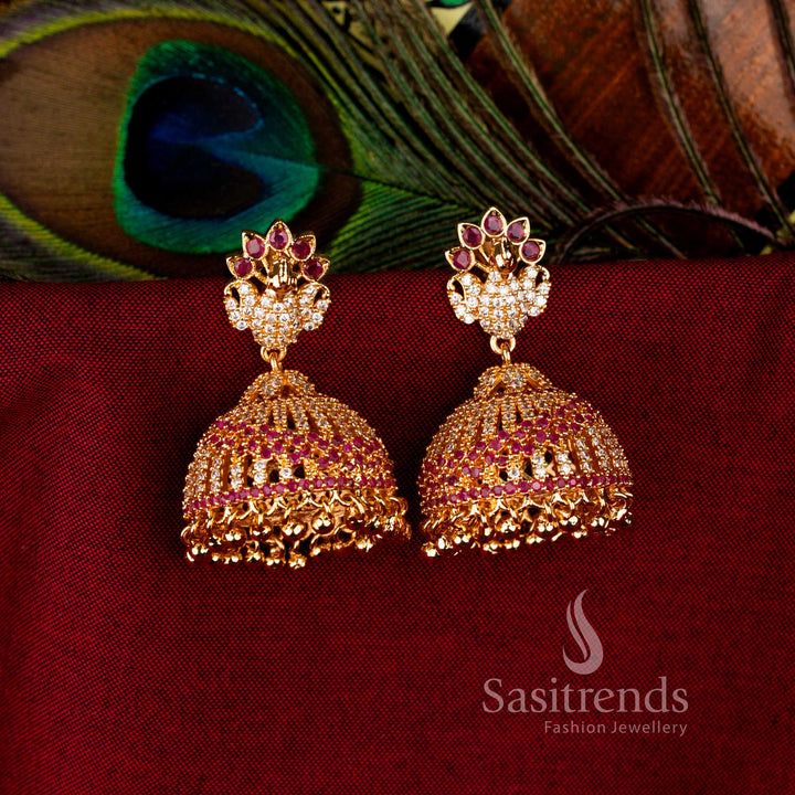 White Ruby Classic Guaranteed American Diamond 24K Micro Gold Plated Floral Big Jhumka Earrings, graceful occasion jewellery for cultural celebrations – Sasitrends