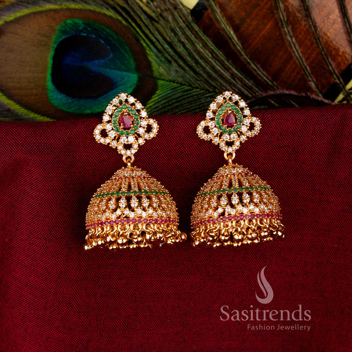 Multi Grand Guaranteed American Diamond 24K Micro Gold Plated Floral Big Jhumka Earrings, radiant occasion jewellery for cultural gatherings – Sasitrends