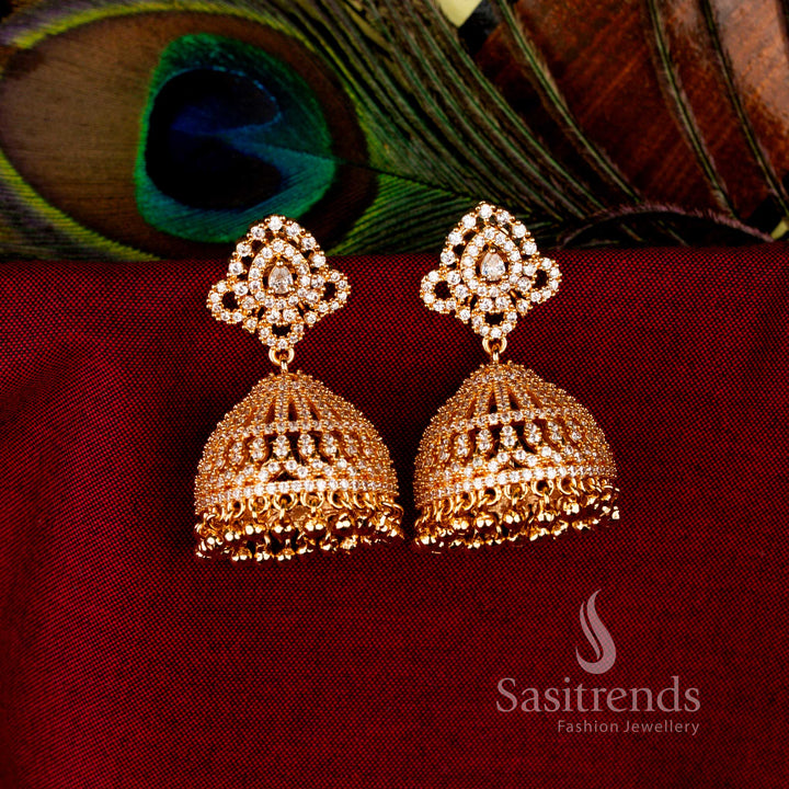 White Elegant American Diamond 24K Micro Gold Plated Floral Big Jhumka Earrings, graceful wedding jewellery for celebrations – Sasitrends