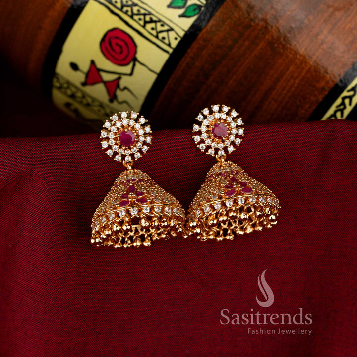 Graceful White Ruby American Diamond 24K Micro Gold Plated Round Floral Big Jhumka Earrings, luxurious bridal jewellery for festive occasions – Sasitrends