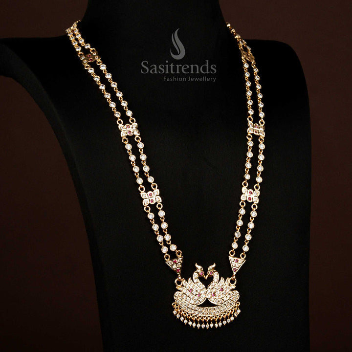 Regal Impon Micro Gold Plated Grand Two Layer Peacock Long Haram Necklace with Panchaloha Inspired Design