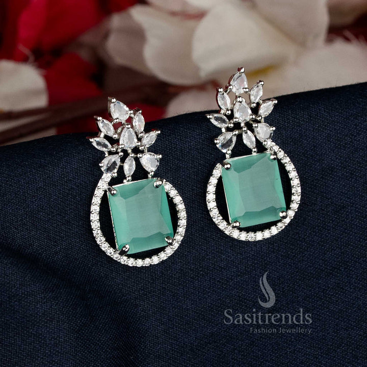 Party Wear American Diamond Rectangular Leaf Pattern Stud Tops Earrings | Rhodium Silver & Rose Gold Plated - Sasitrends