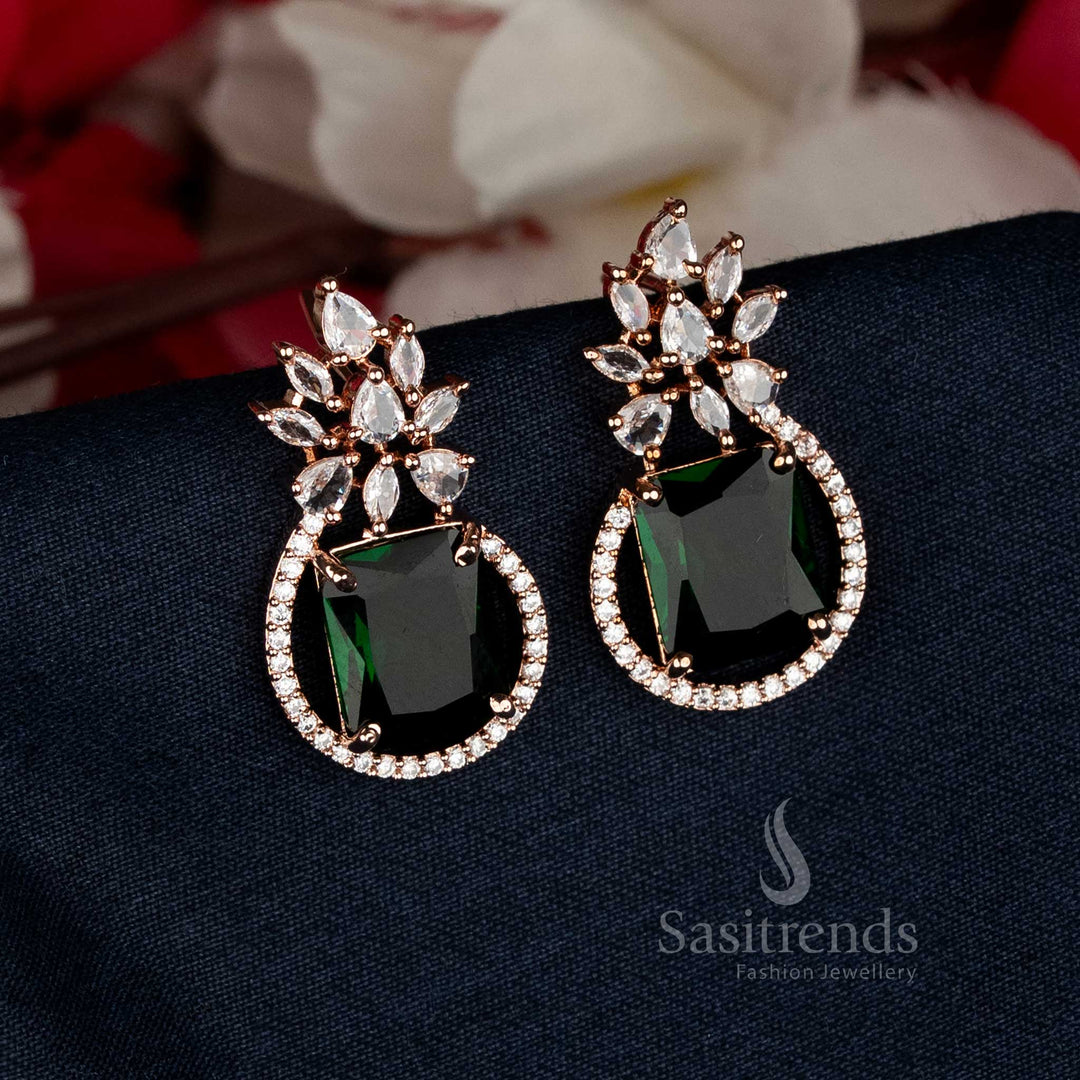 Gorgeous Green American Diamond Rose Gold Plated Rectangular Leaf Stud Tops Earrings - Sasitrends