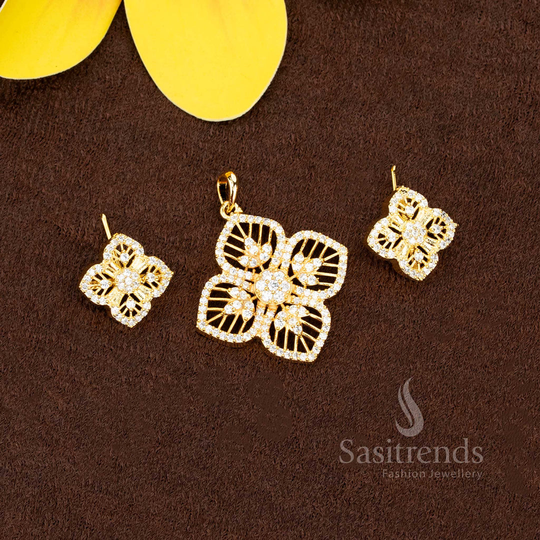Guaranteed American Diamond micro gold plated white pendant set with floral designs - Sasitrends