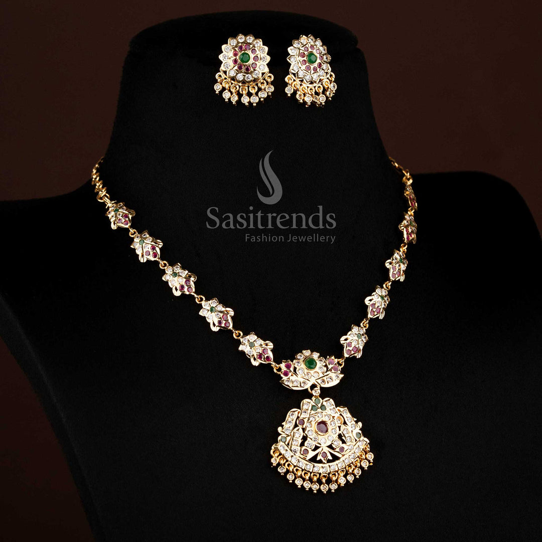 Intricate floral and leaf design structure of the Impon Attigai Micro Gold Plated multi AD Stone Necklace set - Sasitrends