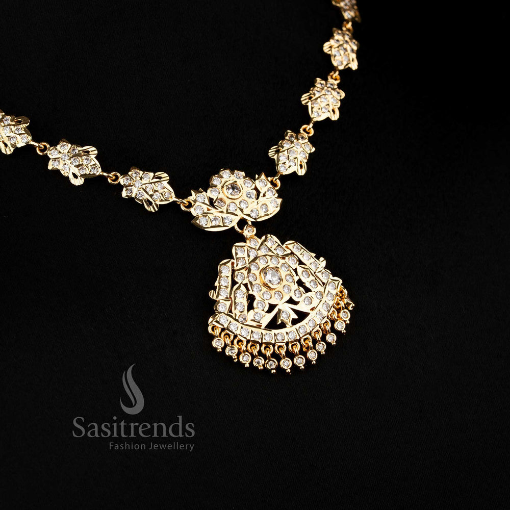 Guaranteed floral and leaf design structure of the Impon Attigai Micro Gold Plated white AD Stone Necklace set - Sasitrends