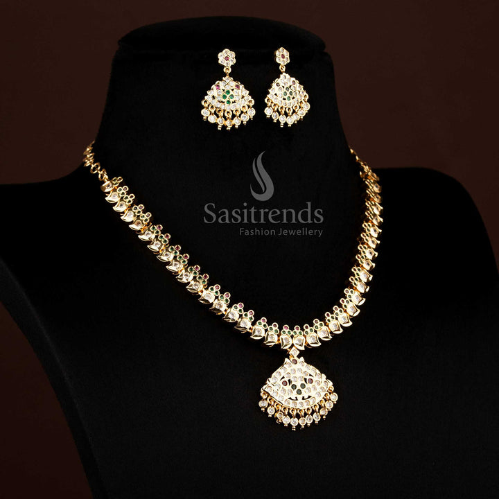 Traditional Impon Attigai Micro Gold Plated AD Stone Set Flower Mango Design Necklace Jewellery | Looks Like Real 24K Gold