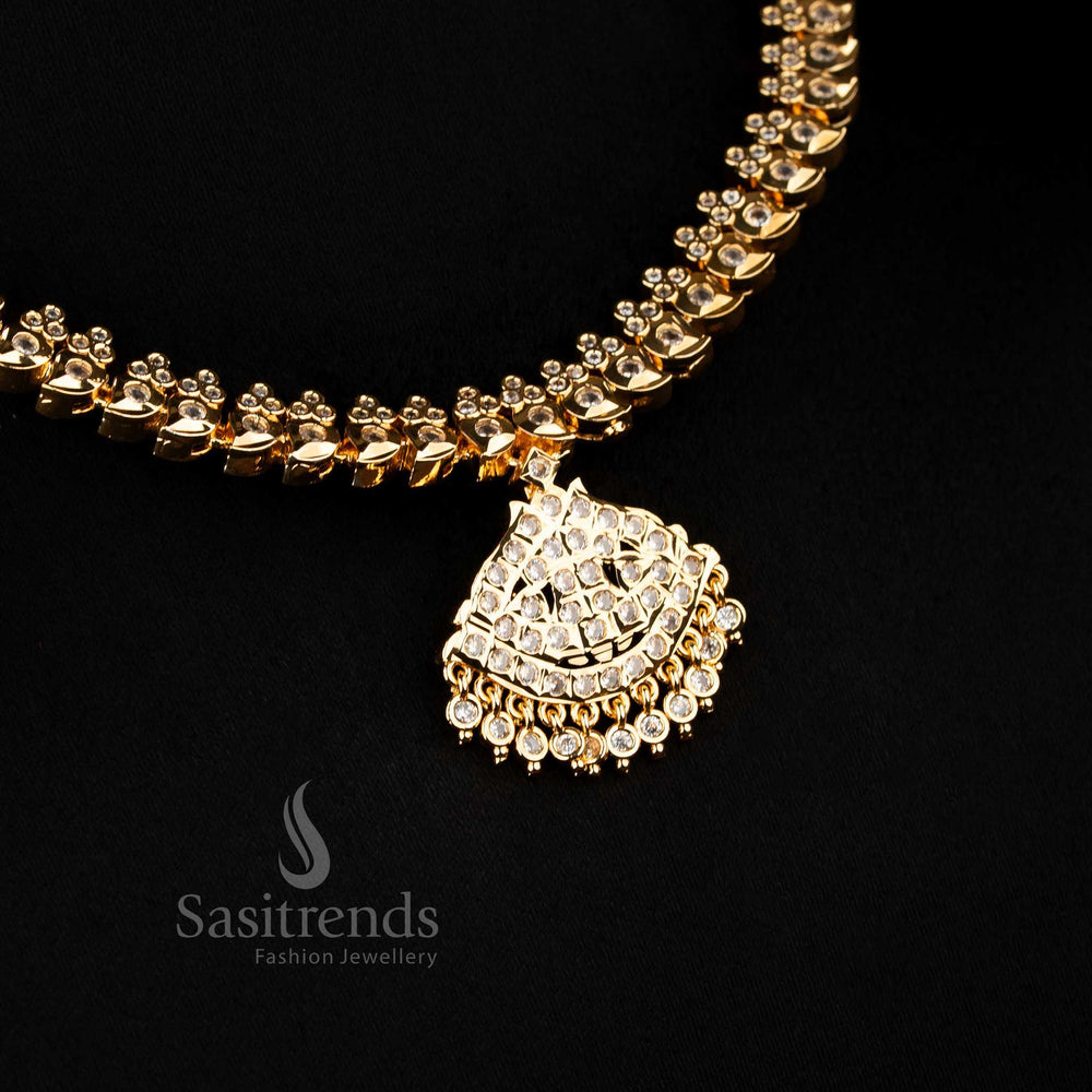Guaranteed Impon Attigai Micro Gold Plated white AD Stone Necklace with flower Mango design chain and large triangular pendant structure, look like real gold - Sasitrends