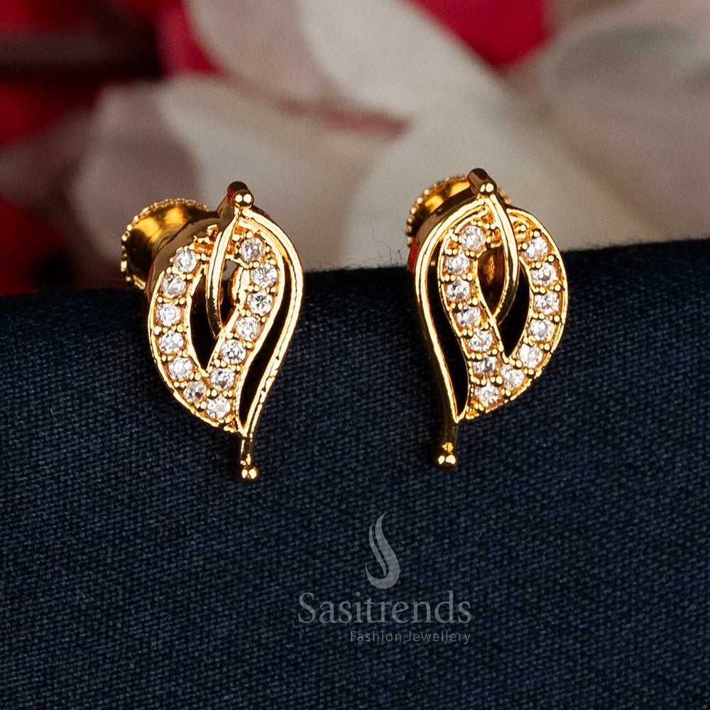 Guaranteed one gram Micro gold plated  white AD stone leaf stud earrings, look like real gold - Sasitrends