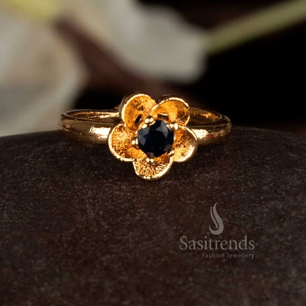 Traditional Impon Addigai Pachaloga micro gold plated blue AD stone floral ring for women , look like real gold - Sasitrends