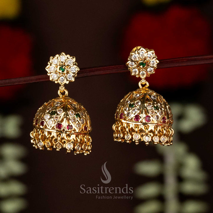 Guaranteed Impon Addigai 24K Micro Gold Plated AD Stone Floral Jhumka Earrings