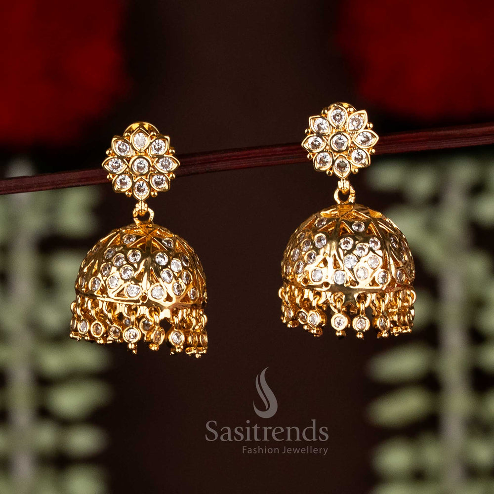 Sasitrends Impon Addigai 24K Micro Gold Plated White AD Stone Floral Jhumka Earrings – Guaranteed Traditional Look