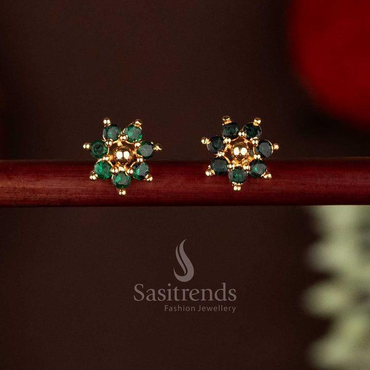 Traditional Guaranteed 24K Impon Addigai Micro Gold Plated Green AD Stone Flower Pattern Golden Bead Stud Earrings, Look like real gold , perfect for daily casual wear - Sasitrends