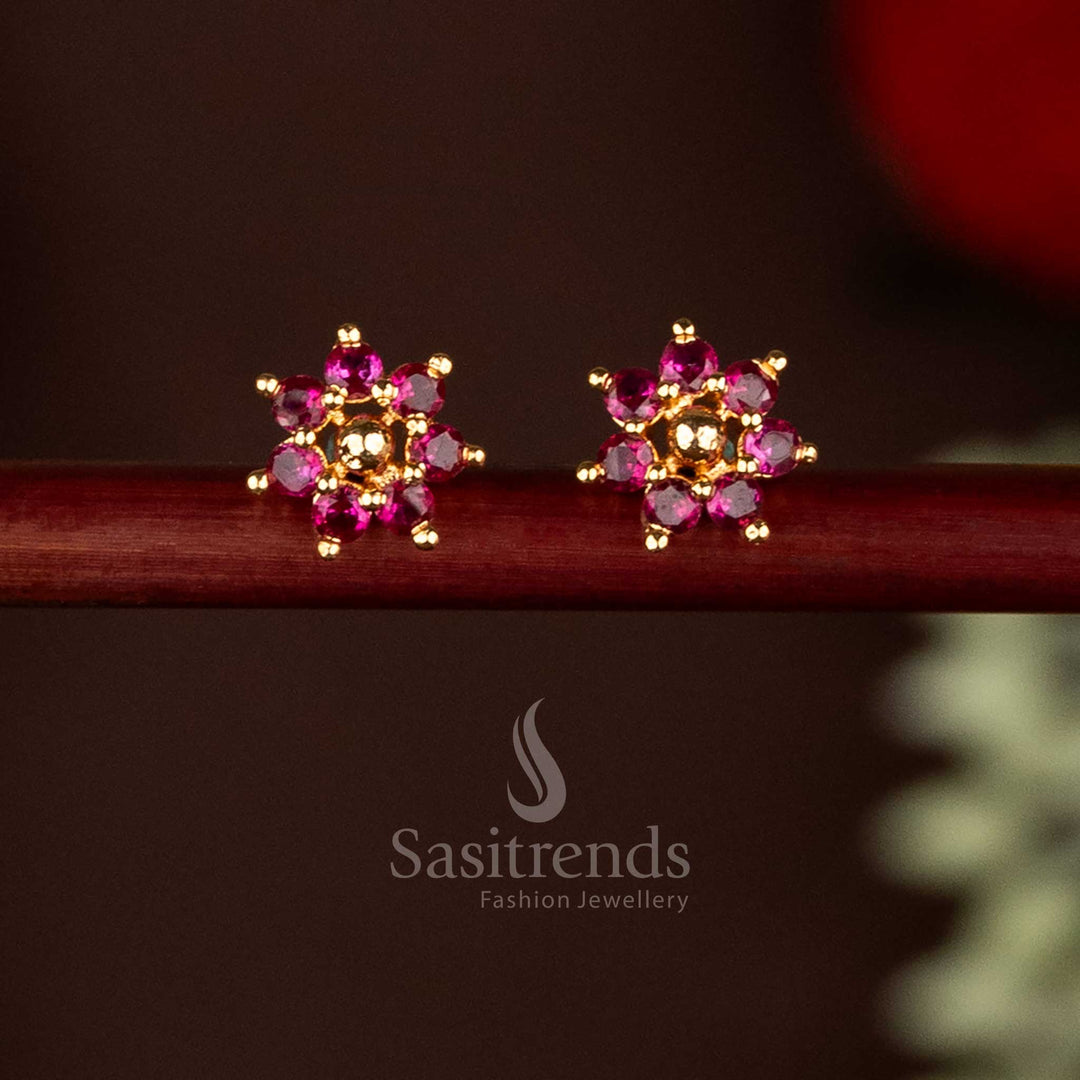 Traditional Impon Addigai Micro Gold Plated Ruby AD Stone Flower Pattern Golden Bead Stud Earrings, Look like real gold - Sasitrends