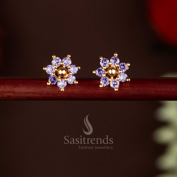 Guaranteed 24K Impon Addigai Micro Gold Plated Purple AD Stone Flower Pattern Golden Bead Stud Earrings, Look like real gold - Sasitrends