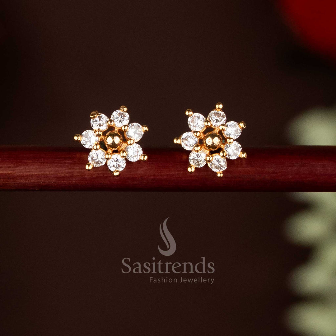 Traditional Guaranteed 24K Impon Addigai Micro Gold Plated White AD Stone Flower Pattern Golden Bead Stud Earrings, Look like real gold - Sasitrends