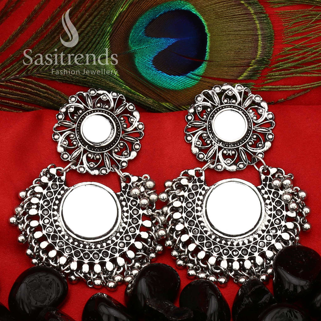 Oxidised Silver Glass Mirror Earrings With Floral Disc And Dome Design, Artisan Handcrafted Jewellery That Enhances Traditional Fusion Wear With Timeless Grace – Sasitrends
