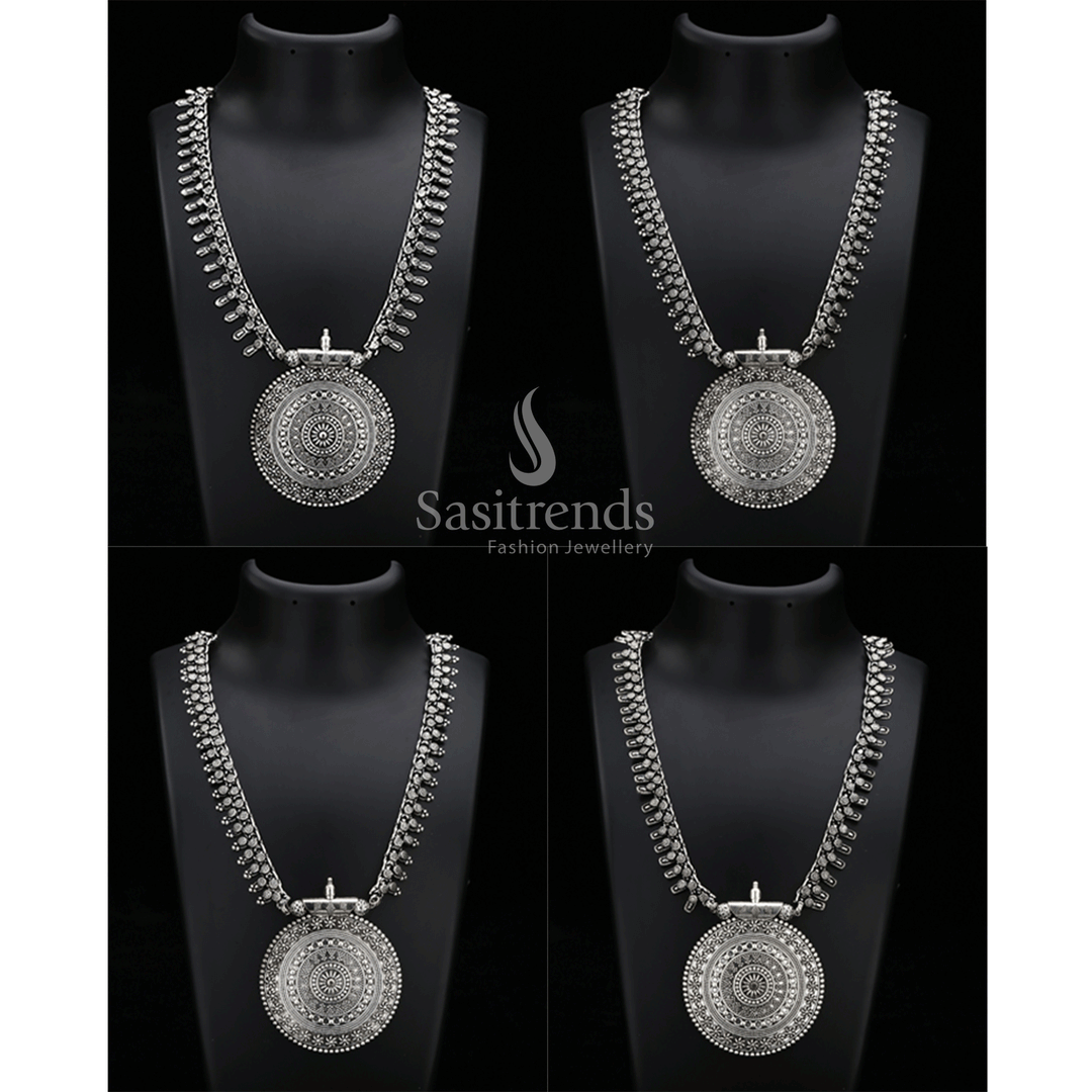 Classic Oxidised Silver Niranjana Chakra Pendant Long Haram Jewellery Set For Women And Girls – Vintage Bohemian Style Perfect For Festivals, Gatherings And Daily Traditional Wear – Sasitrends