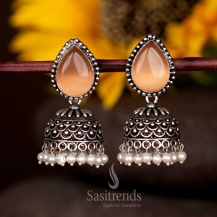 Chic Oxidised Jhumka Earrings With Brown Teardrop Faceted Stud And Pearl Fringe – Traditional Elegance Jewellery Sasitrends