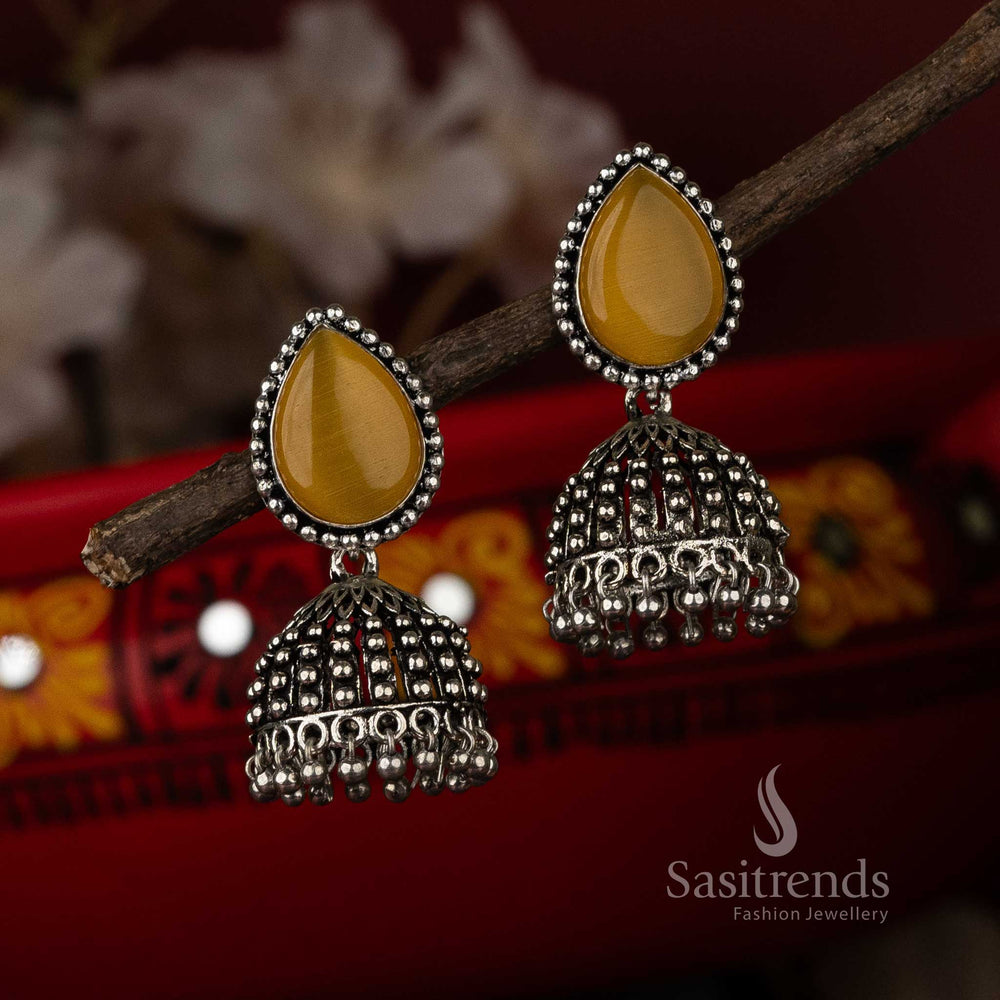 Traditional Oxidised Amber Yellow Stone Stud Jhumka For Navarathiri Special Earrings Sasitrends Online