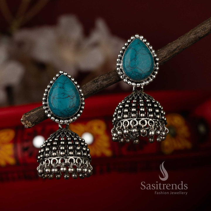 Elegant Waterdrop Monalisa Stone Oxidised Jhumka Earrings - Sasitrends