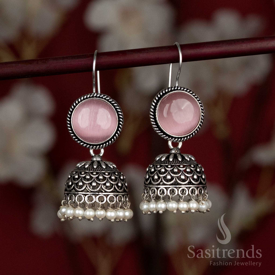 Charming pink oxidised pearl jhumkas with stone top – crafted for Navaratri mehendi evenings, kurti sets, and festive colour themes – Sasitrends