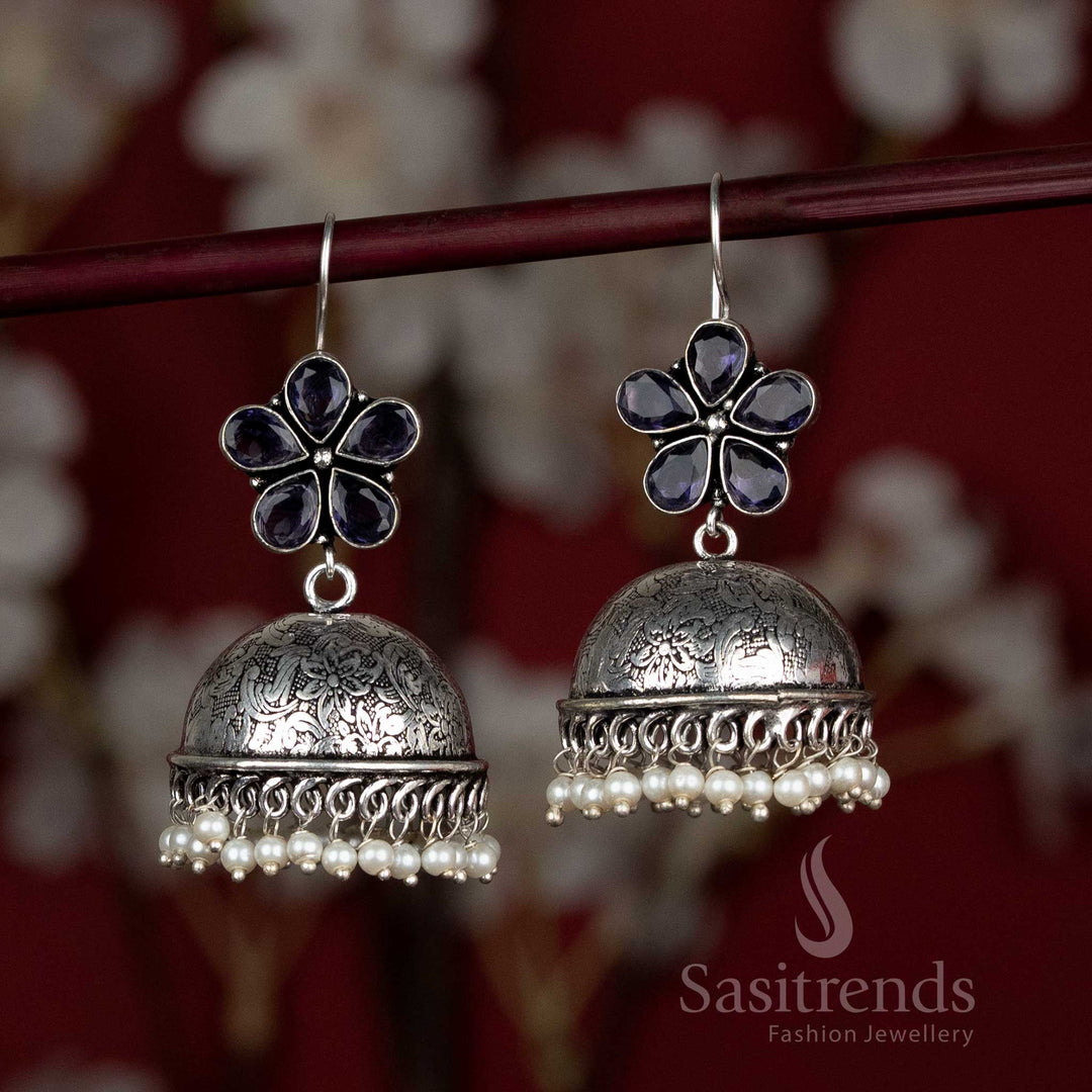 Majestic purple oxidised earrings with dome drop, floral stone centre, and pearl fringe – suited for elegant Navaratri evening ceremonies – Sasitrends