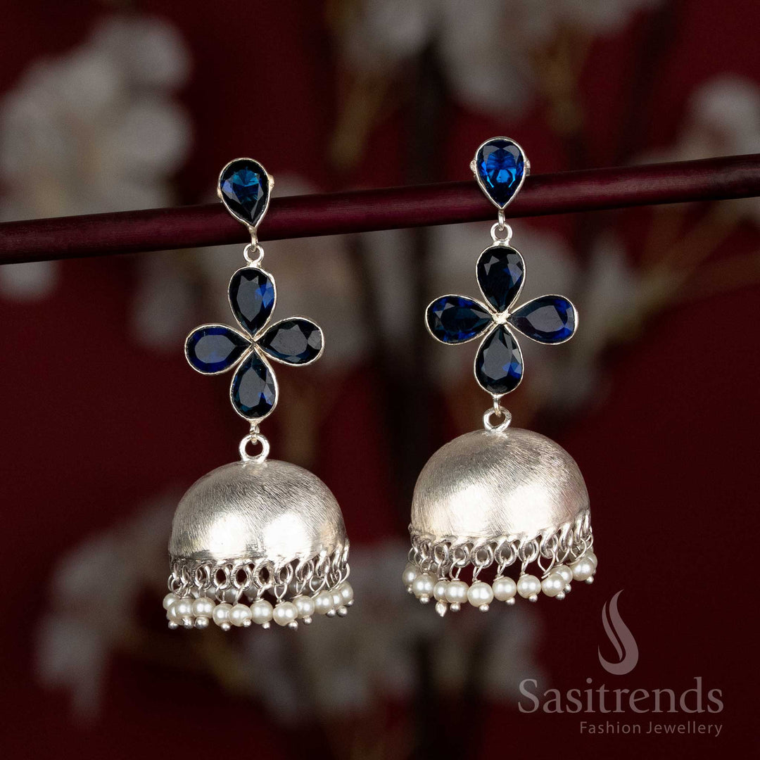 Blue oxidised four-petal jhumka earrings with pearl accents – ideal for festive moments and regular office looks – Sasitrends