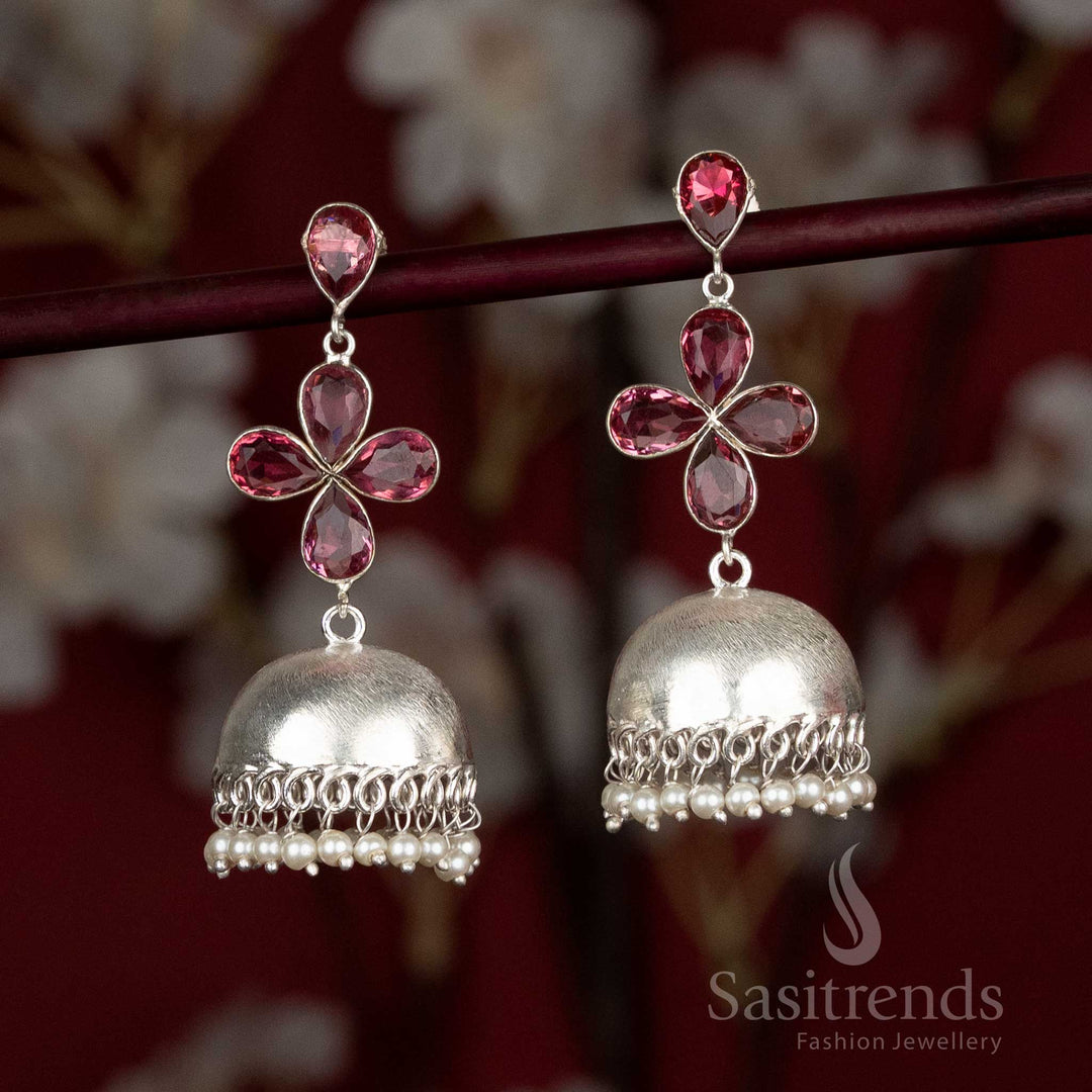 Red oxidised floral jhumka earrings with pearl beads – great pick for daily style and light ethnic dressing – Sasitrends