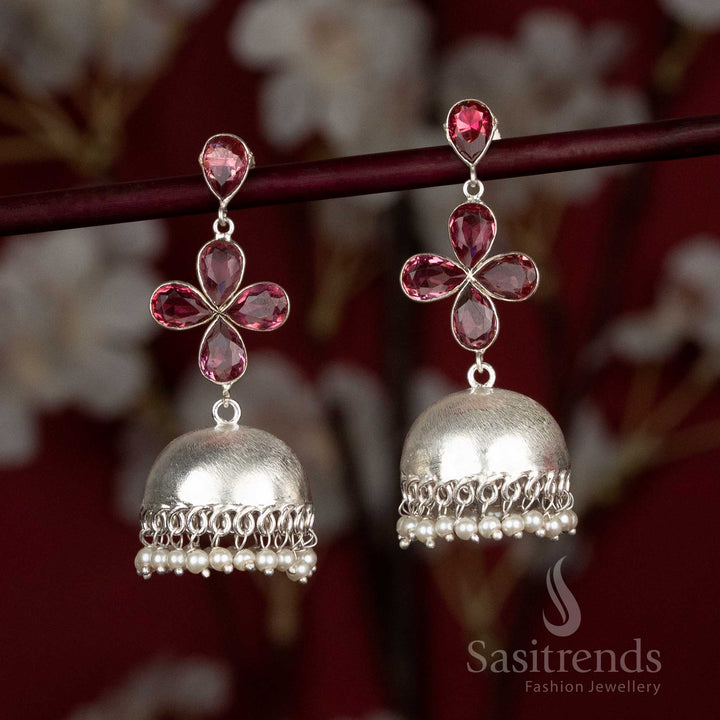 Red oxidised floral jhumka earrings with pearl beads – great pick for daily style and light ethnic dressing – Sasitrends