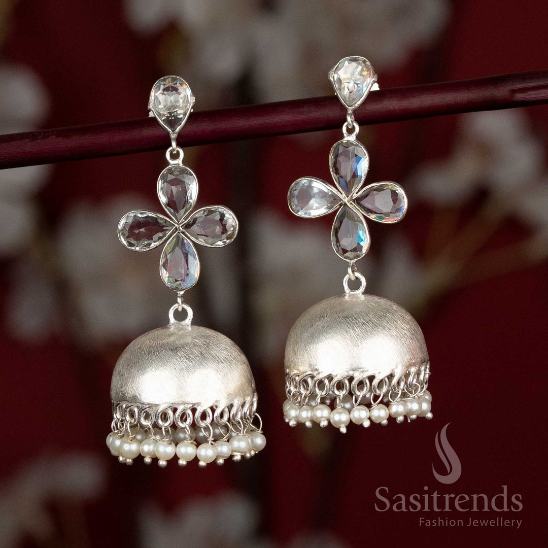 White oxidised jhumka earrings with petal top and pearls – a light accessory for formal events and simple festive moods – Sasitrends