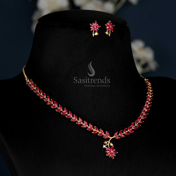 Royal Ruby American Diamond Leaf Design Necklace With Micro Gold Plating, Elegance Inspired By Vintage Heirlooms For Grand Bridal Ensembles – Sasitrends