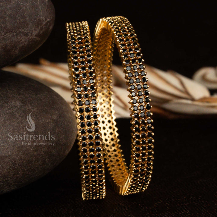 Black stone American Diamond bangles with shimmering three-line design and 1-year guaranteed micro gold polish – bold and traditional statement jewellery by sasitrends