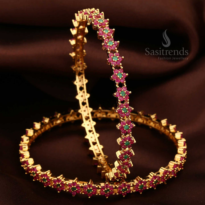 Micro Gold Plated American Diamond Ruby Green Stone Bangles with Floral Motifs - New Collection - Sasitrends