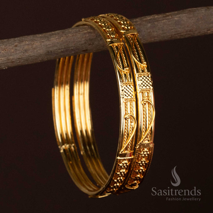 Micro Gold Plated Pair of Designer Bangles with Raised Embossed Pattern and Central Ornamental Arch Design – Guaranteed, Look Like Real Gold - Sasitrends