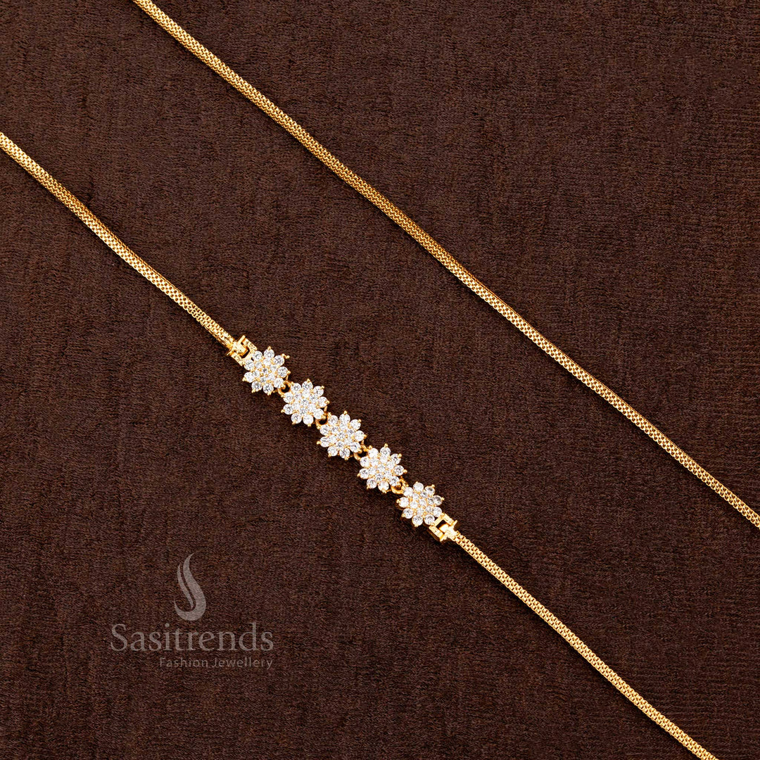 One Gram Gold Plated Mugappu Chain with Four Floral AD Motifs - Sasitrends