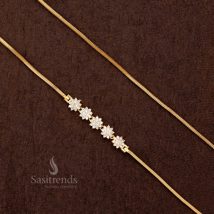 One Gram Gold Plated Mugappu Chain with Four Floral AD Motifs - Sasitrends