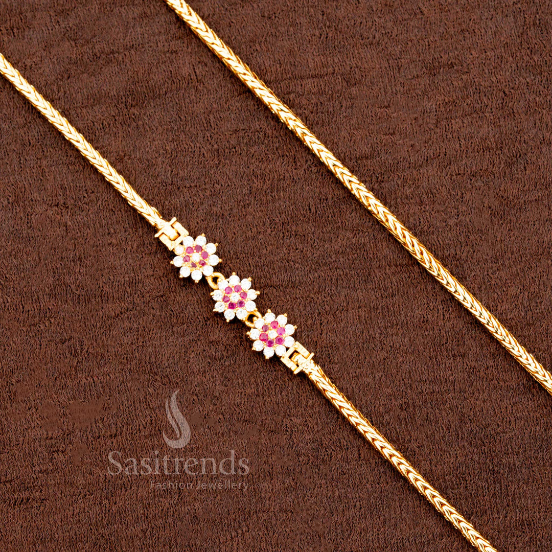 Micro Gold Plated Triple Floral Mugappu Chain with red and white AD stones - Sasitrends