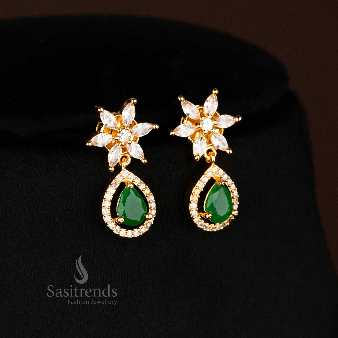 Beautiful white and green drop stone earrings set with floral motifs and classic micro gold finish, a south Indian jewellery piece from sasitrends