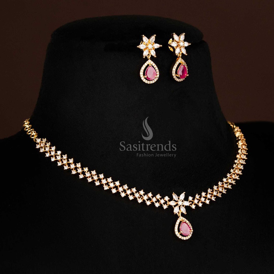 Traditional white-ruby Marquise AD necklace set with floral-inspired micro gold motifs and festive styling, jewellery by sasitrends