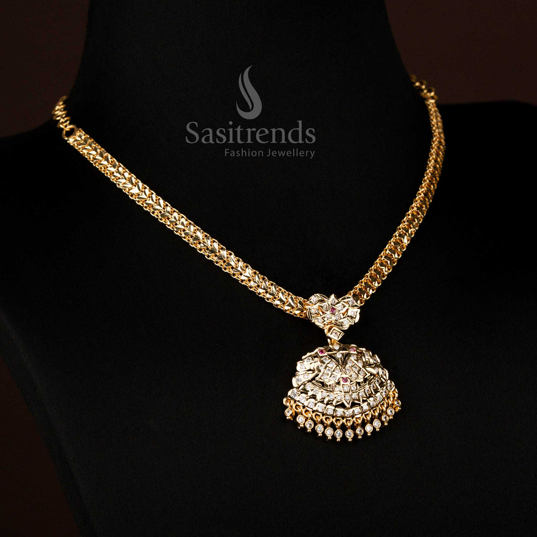 Traditional Impon Micro Gold Plated White-Ruby Attigai Necklace with Intricate Designs for Weddings and Festivals – Sasitrends