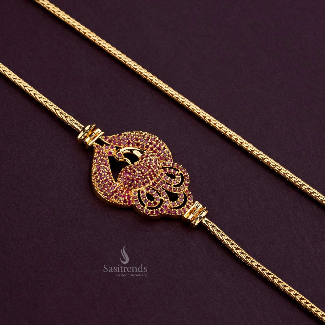 One gram micro gold plated Ruby AD stone Peacock Mugappu Chain, guaranteed for quality and elegance - Sasitrends