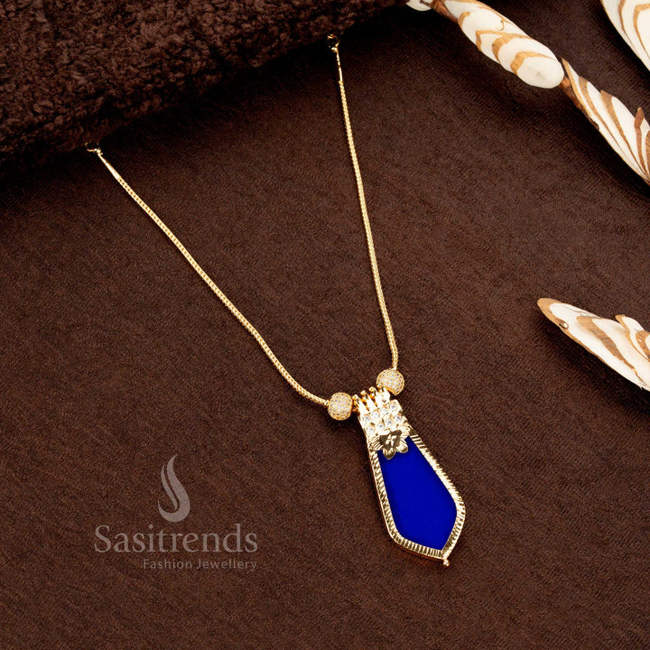 Elegant blue Palakka pendant necklace with Kerala traditional Nagapadam design, one gram gold plating, and sparkling AD ball embellishments - Sasitrends