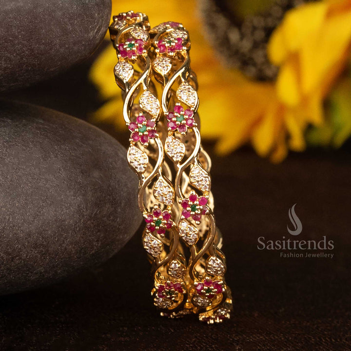 Stylish Micro Gold Plated American Diamond Stones Floral CZ Bangles with Intricate Twist Design - Sasitrends