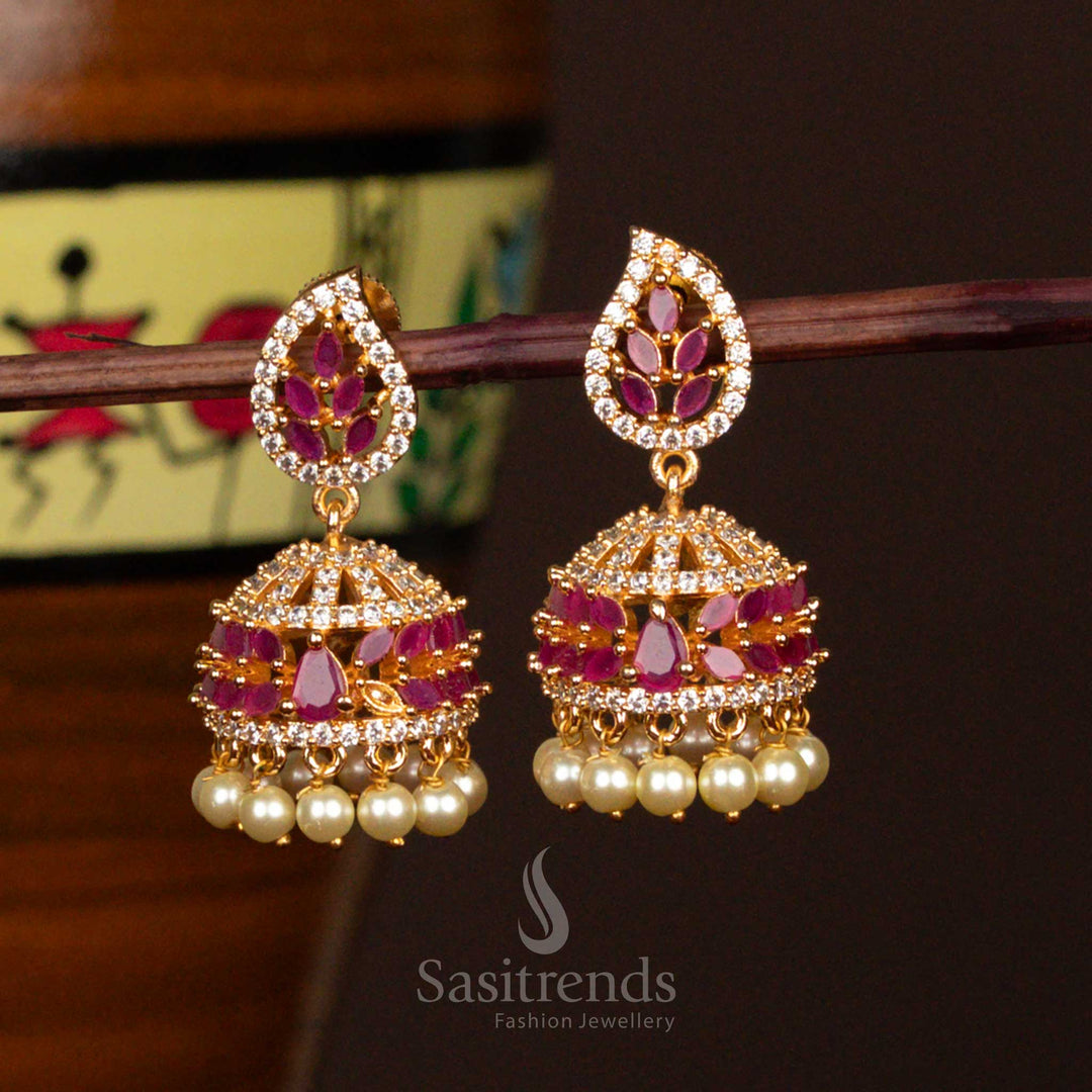Graceful White Ruby Micro Gold Plated Leaf Motif Jhumka Earrings With Pearls And Dual Tone Design Festive Jewellery - Sasitrends