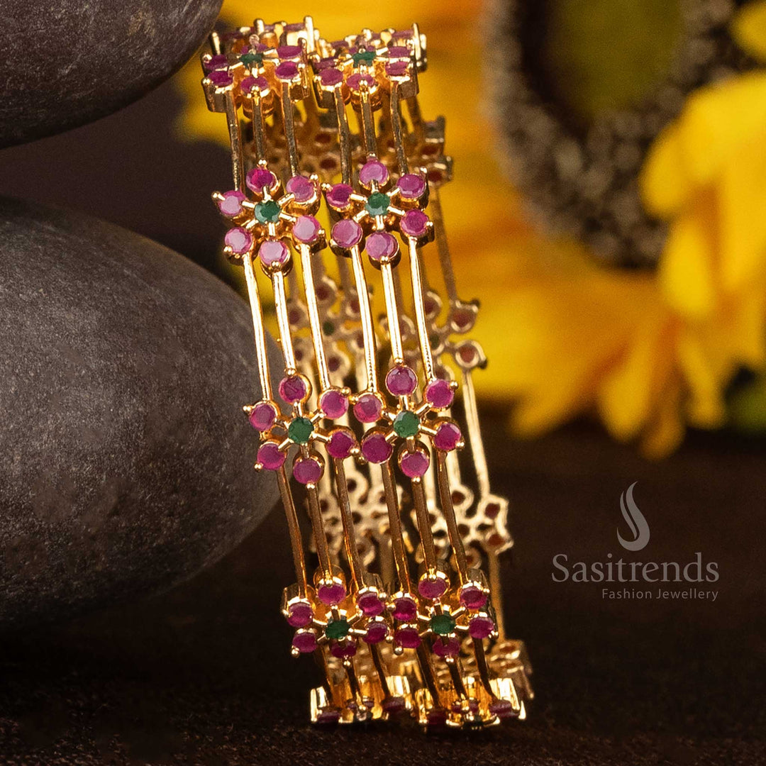 Heritage Elegance ruby-green micro gold American diamond bangles with Kemp-inspired motifs and an aura of festive grace – Sasitrends